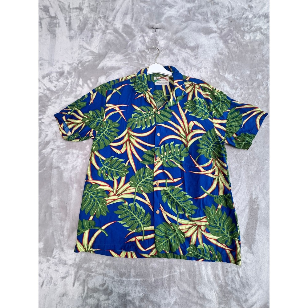 Paradise‎ Found Hawaiian Shirt Blue Green Tropical Leaf Print Short Sleeve Men's